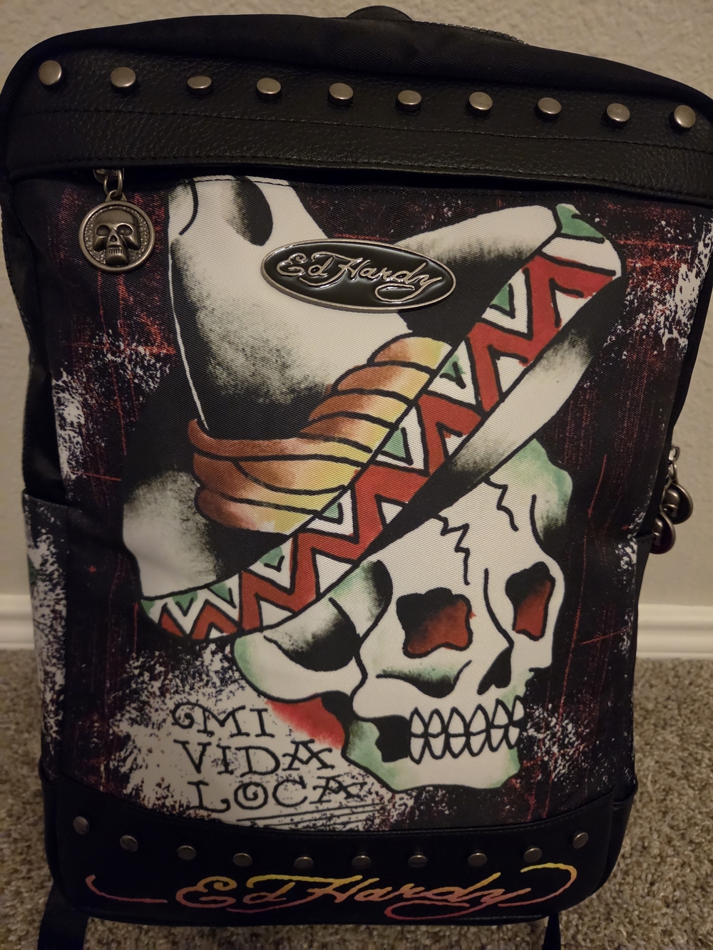 Ed Hardy Men’s Black Skull Graphic Backpack - Black